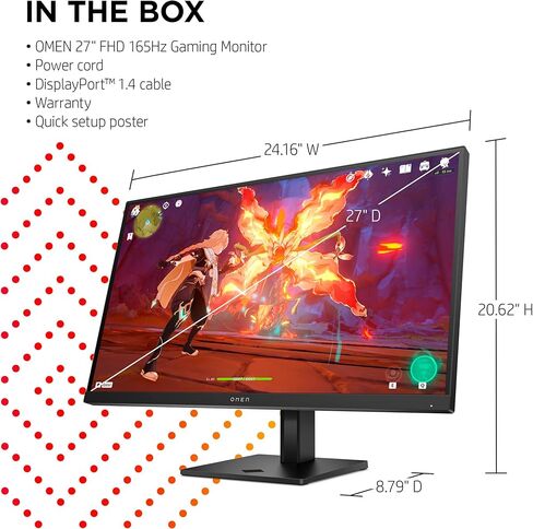 شاشة HP OMEN 27 بوصة FHD للألعاب 165 هرتز، AMD Freesync Premium، راحة العين، HDR، حامل قابل للتعديل، لوحة IPS قابلة للتركيب، زاوية عرض 178 درجة، وقت استجابة 1 مللي ثانية لسطح المكتب للكمبيوتر المحمول (متجدد) in Saudi Arabia