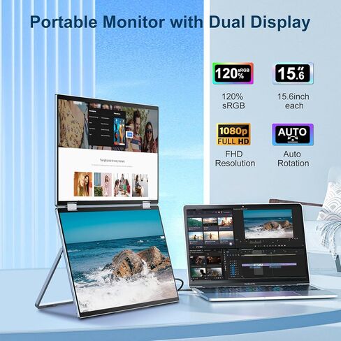 شاشة ثلاثية محمولة مزدوجة لموسع شاشة الكمبيوتر المحمول مقاس 15.6 بوصة FHD 1080P مع حامل وشاشة قابلة للطي بزاوية 360 درجة متوافقة مع أجهزة الكمبيوتر المحمول Nintendo Mac Mini MacBook in Kuwait
