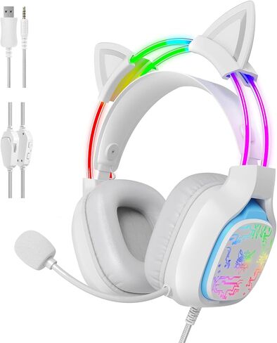 Cat Ears Gaming Headset with Noise-Canceling Mic, Surround Sound & RGB Lights, Wired Over-Ear Lightweight Headphones, Adjustable Headband for PC, PS4, PS5, Mac, Switch, in-Line Control in Saudi Arabia