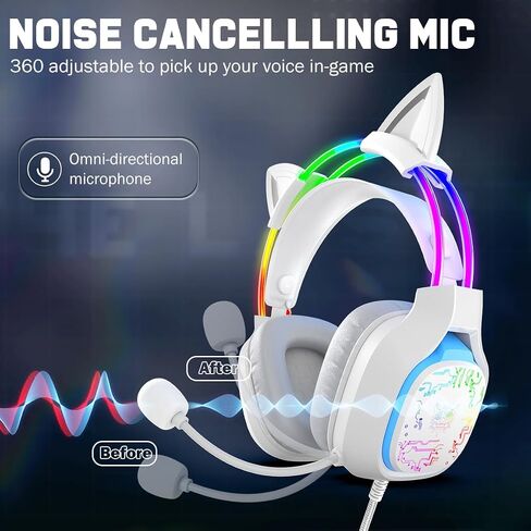 Cat Ears Gaming Headset with Noise-Canceling Mic, Surround Sound & RGB Lights, Wired Over-Ear Lightweight Headphones, Adjustable Headband for PC, PS4, PS5, Mac, Switch, in-Line Control in Saudi Arabia