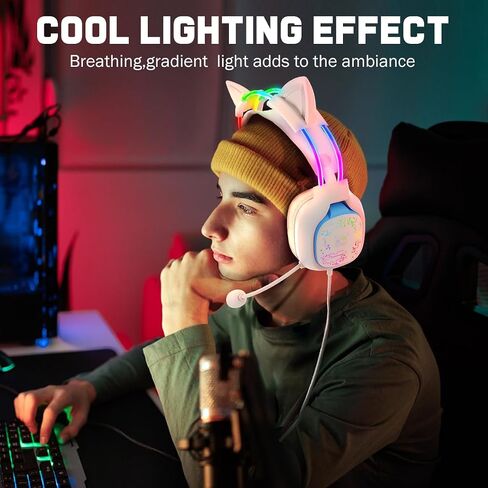 Cat Ears Gaming Headset with Noise-Canceling Mic, Surround Sound & RGB Lights, Wired Over-Ear Lightweight Headphones, Adjustable Headband for PC, PS4, PS5, Mac, Switch, in-Line Control in Saudi Arabia