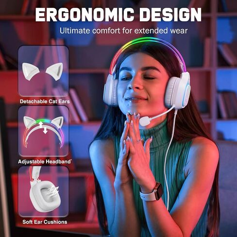 Cat Ears Gaming Headset with Noise-Canceling Mic, Surround Sound & RGB Lights, Wired Over-Ear Lightweight Headphones, Adjustable Headband for PC, PS4, PS5, Mac, Switch, in-Line Control in Saudi Arabia
