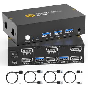 8K@60Hz Displayport KVM Switch 2 Monitors 2 Computers with USB3.0 Ports for 2 PCs Share 2 Monitors and USB Devices, 4K@144Hz/120Hz DP KVM Switch Dual Monitor with Wired Remote Controller in Kuwait