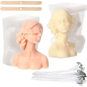 2Pcs 3D Girl Portrait Silicone Candle Molds Eyes Closed Blindfolded Girl Braid Women Body Sculpture Wax Resin Mold Aromatherapy Plaster Decoration Soap Candle Making Supplies