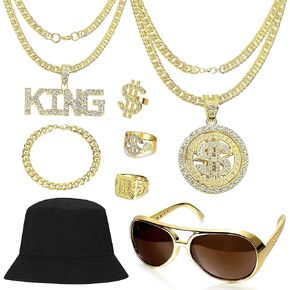 80s 90s Accessories Outfit for Men Boys Dollar Sign Ring Necklace Fake Gold Chain Rapper Party Hip Hop Costume Kit