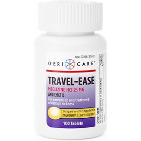 GeriCare Meclizine HCI 25mg Antiemetic Travel-Ease Tablets, Prevents and Treats Motion Sickness, Nausea Relief, 100 Count (Pack of 1)
