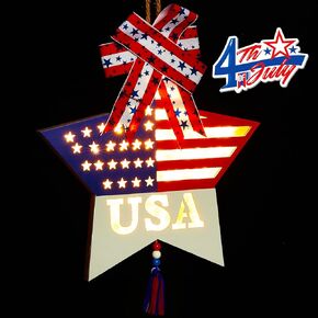 Pre-Lit 4th of July Welcome Sign for Front Door, 12 Inch Patriotic Wreaths Hanging Door Sign Built-in LED Lights, Timer, Battery Operated Welcome Sign for Door, Wall, Porch, Farmhouse July 4th Decor