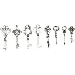 LolliBeads (TM Antiqued Assorted Skeleton Key Charm Set Necklace Pendant, Victorian Filigree Heart Royal Key Steampunk Projects