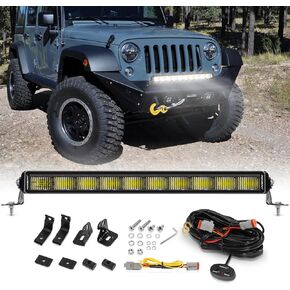 شريط إضاءة LED مقاس 12 بوصة من Auxbeam، شعاع كومبو للقيادة بصف واحد نحيف بقدرة 68 وات مع DRL باللون الأبيض والعنبر، وأضواء عمل مضادة للوهج للطرق الوعرة مع دعامة جانبية وسفلية DT طقم أسلاك لشاحنة ATV UTV SUV