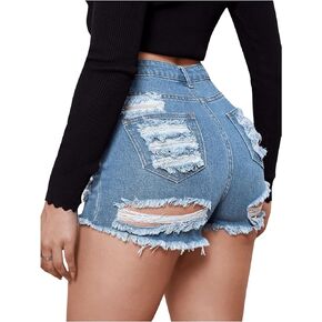 Women's Ripped Raw Hem High Waist Skinny Mini Shorts Straight Leg Distressed Zipper Denim Shorts