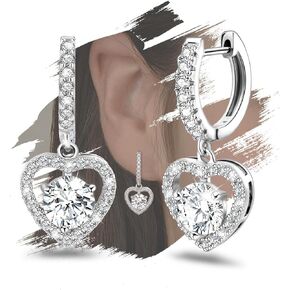 Heart Dangle Hoop Earrings Silver - Sterling Silver Heart Shaped Earrings for Women Love Earrings Hypoallergenic Cubic Zirconia Hollow Huggie Earrings for Her Gifts