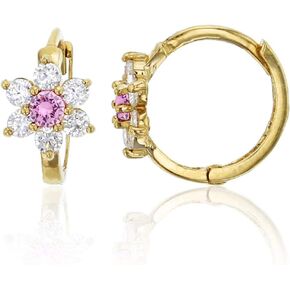 14K Yellow Solid Gold 6.5mm Daisy Flower AAA Cubic Zirconia Huggie Earrings | In Emerald, Pink, Red, Sapphire and Yellow | 6.50x10mm | Solid Gold Huggie Earrings for Women and Girls