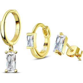 COCHARM 20g 925 Sterling Silver Gold Hoop Earrings Set 3pcs Cartilage Huggie Hoop Earrings Square CZ Stud Earrings Dangle Earrings Lobe Earrings Helix Forward Earrings for Women Men