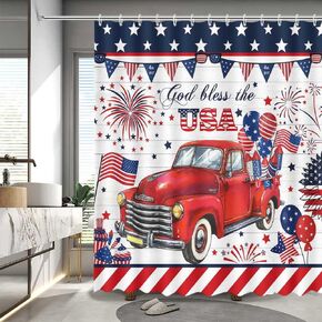 MEHOFOND 4th of July Shower Curtain Independence Day Truck God Bless The USA Shower Curtain for Bathroom American Blue and Red Flag Stars Home Bathtub Decor Fabric Waterproof Shower Curtain 72x72 Inch