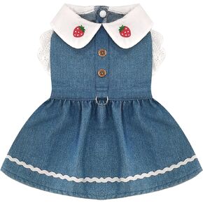 Denim Dog Dress for Small Dogs Cats Cute Girl Dog Clothes Cute Strawberry Female Pet Dresses Spring Summer Pet Outfits for Chihuahua Yorkie Shih Tzu(Dark Blue,Small)