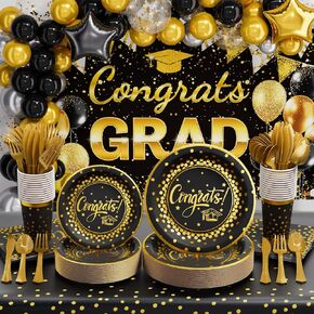 Ecomore 2024 Graduation Party Supplies - 245 PCS Disposable Dinnerware(Serve 25) & Graduation Party Decorations With Paper Plate Cup Napkin Cutlery Tablecloth Backdrop Balloon Kit - Black & Gold