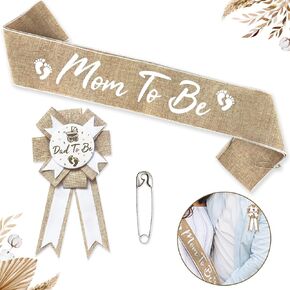 Neutral Burlap Mom to Be Sash Dad to Be Pin Baby Shower Decorations, Rustic Boho Mommy to Be Sash Baby Shower Corsage Pin Set for Pregnant Mommy Gift Party Decorations