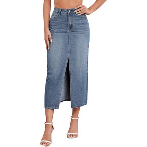 Womens Front Slit Thigh Denim Skirt High Waist Casual Midi Length Jean Skirt for Curvy Females