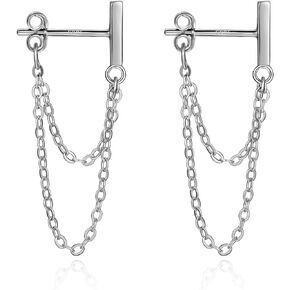 925 Sterling Silver Chain Dangle Earrings Bar Stud Earrings for Women Girls Minimalist Bar Double Chain Earrings Jewelry Gifts for Christmas Birthday