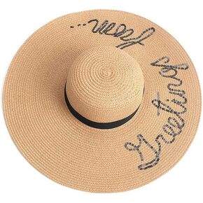 قبعة صيفية من القش للنساء والفتيات كبيرة الحواف قابلة للطي قبعة شاطئ مرنة بحافة واسعة من القش مع تطريز أنيق للأشعة فوق البنفسجية بعامل حماية من الأشعة فوق البنفسجية 50 (كاكي) in Kuwait