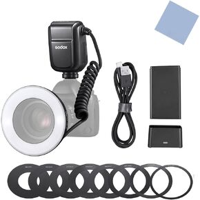 Godox MF-R76N i-TTL Macro Ring Flash Light GN14 10 Levels Adjustable Brightness with 8pcs Adapter Ring Large Capacity Battery Replacement for Nikon Camera