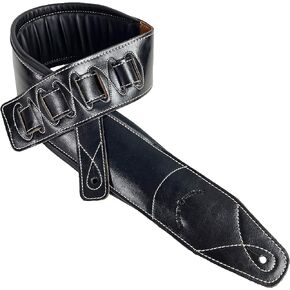Walker & Williams Super Wide 4" Handmade Double Padded Classic Black Premium Signature Grain Leather Guitar Strap For Acoustic, Electric, And Bass Guitars