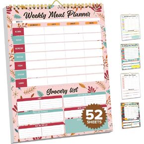 Decorably Meal Planner Pad with Grocery List Minimalist - Weekly Meal Planner and Grocery List - 52 Easy Tear-Off Sheets Weekly Meal Planner Magnetic, 7x10in Spring-Bound Menu Planner for Fridge