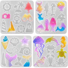 Szecl 4Pcs Ocean Element Keychain Silicone Mold 37 Cavities Marine Conch Shell Jellyfish Epoxy Resin Mold Anchor Fish Tail Lighthouse UV Resin Casting Mold DIY Jewelry Making Tool Earring Charm Craft