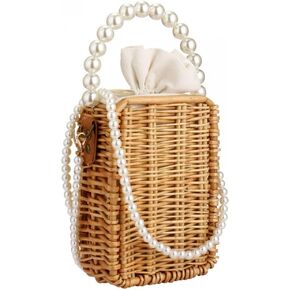 Beach Bag Purse for Women, Natural Hand-woven Rectangular Wicker Handbag, Pearl Basket Purse, Retro Summer Straw Tote Bag