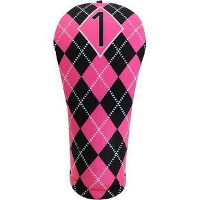 Club Headcovers | Women’s Collection: Hot Pink and Black Argyle | 3 Separate Sizes: Driver-Fits up to Large 460cc, Fairway, Hybrid | Handmade in USA | 100% Machine Washable