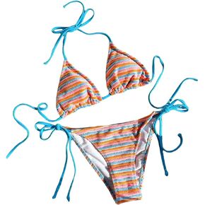 Women's Striped Knot Bathing Suit High Waisted Halter Triangle Swimsuit Bikini Set
