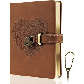 Mazeran Lock Journal, Heart Shaped Locking Leather Floral Embossing Hard Cover Gold Gild Edge Notebook Travel Diary, B6 Lined Lock with Key Personal Planner Organizer Gift for Girls Women Wife