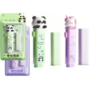 2Pcs Kawaii Slide Erasers Cute Cartoon Panda & Unicorn Retractable Erasers for Kids with 2Pcs Replaceable Rubber Core Slide Pencil Erasers Back to School Supplies for Kids Students Girls