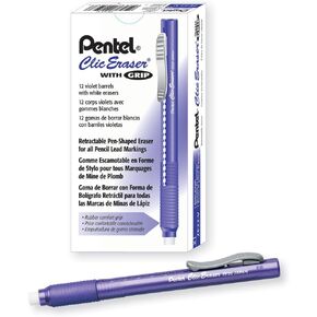 Pentel ZE22V, Clic Eraser Grip, Retractable Eraser, Violet Barrel, Box of 12