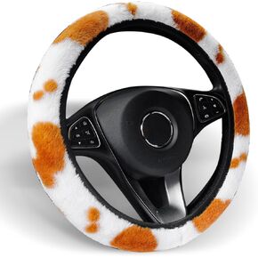 Cow Print Plush Steering Wheel Cover Fluffy Winter Warm Universal 15 inch for Women Lady Girls