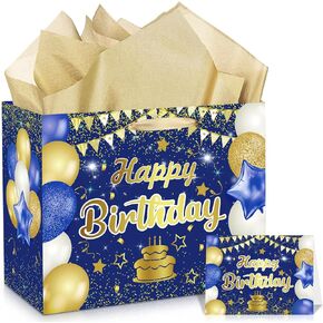 Green Birthday Gift Bag, Large Green and Black Happy Birthday Gift Bag with Card and Green Tissue Paper for Boys Men Women Anniversary Birthday Party Favors Kids Adults Goodie Wrapping Bag Supplies