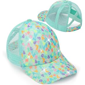 Girls Glitter Baseball Cap Criss Cross Hat, Girl Ponytail Hat - Kids Baseball Cap with High Bun Messy Ponytail (Ages 5-15)