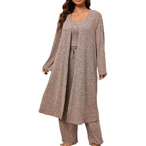 Verdusa Women's Plus Size 3 Piece Ribbed Tank Top and Pants with Robe Pajama Sets