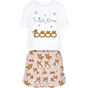 NANJUN Pajamas for Women Cute Cartoon Print PJs Short Sleeve Tops with Shorts 2 Piece Sleepwear Set