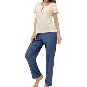 Verdusa Women's 2 Piece Square Neck Short Sleeve Tee Tops and Pants Pajama Set