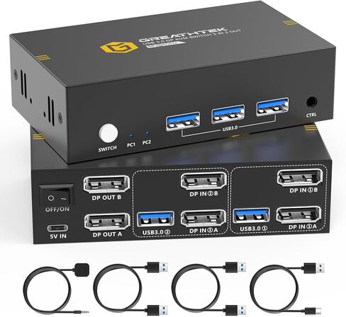 8K@60Hz Displayport KVM Switch 2 Monitors 2 Computers with USB3.0 Ports for 2 PCs Share 2 Monitors and USB Devices, 4K@144Hz/120Hz DP KVM Switch Dual Monitor with Wired Remote Controller in Kuwait