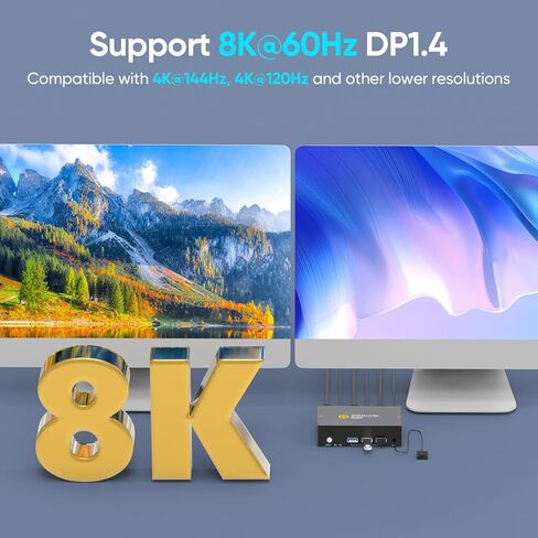 8K@60Hz Displayport KVM Switch 2 Monitors 2 Computers with USB3.0 Ports for 2 PCs Share 2 Monitors and USB Devices, 4K@144Hz/120Hz DP KVM Switch Dual Monitor with Wired Remote Controller in Kuwait