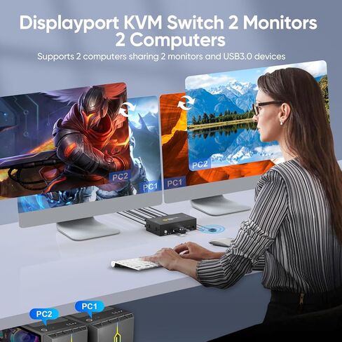 8K@60Hz Displayport KVM Switch 2 Monitors 2 Computers with USB3.0 Ports for 2 PCs Share 2 Monitors and USB Devices, 4K@144Hz/120Hz DP KVM Switch Dual Monitor with Wired Remote Controller in Kuwait