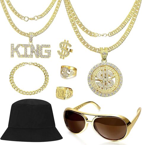 80s 90s Accessories Outfit for Men Boys Dollar Sign Ring Necklace Fake Gold Chain Rapper Party Hip Hop Costume Kit in Saudi Arabia