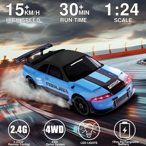 RC الانجراف سيارة 1:24 سيارة التحكم عن بعد 4WD 15KM / H عالية السرعة سباق السيارات الرياضية مع أضواء LED RC سيارات لعبة سيارات للأطفال بنين بنات الكبار هدايا عيد الميلاد عيد الميلاد بطاريات قابلة للشحن in Saudi Arabia