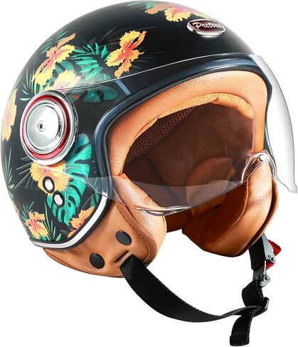 Open Face Motorcycle Helmet with Visor, Adults Retro Moped Helmets for Men Women, Vintage Half Face Motorcycle Helmet for Scooter Chopper Cruiser, DOT Approved in Saudi Arabia