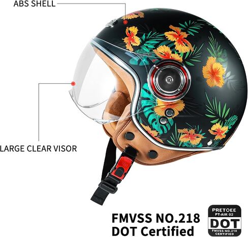 Open Face Motorcycle Helmet with Visor, Adults Retro Moped Helmets for Men Women, Vintage Half Face Motorcycle Helmet for Scooter Chopper Cruiser, DOT Approved in Saudi Arabia