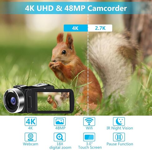 كاميرا فيديو 4K، كاميرا تسجيل فيديو للرؤية الليلية بدقة 48 ميجابكسل UHD Wifi IR لليوتيوب، كاميرا فيديو تعمل باللمس بتكبير رقمي 18X مع ميكروفون، بطاقة SD، غطاء عدسة، مثبت، جهاز تحكم عن بعد، بطاريتان in Kuwait
