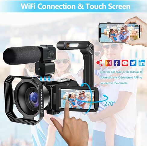 كاميرا فيديو 4K، كاميرا تسجيل فيديو للرؤية الليلية بدقة 48 ميجابكسل UHD Wifi IR لليوتيوب، كاميرا فيديو تعمل باللمس بتكبير رقمي 18X مع ميكروفون، بطاقة SD، غطاء عدسة، مثبت، جهاز تحكم عن بعد، بطاريتان in Kuwait