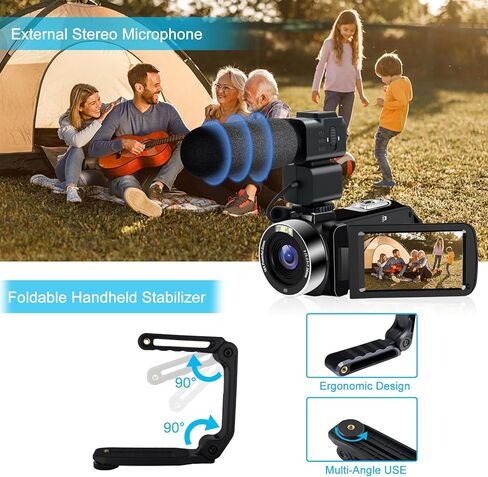 كاميرا فيديو 4K، كاميرا تسجيل فيديو للرؤية الليلية بدقة 48 ميجابكسل UHD Wifi IR لليوتيوب، كاميرا فيديو تعمل باللمس بتكبير رقمي 18X مع ميكروفون، بطاقة SD، غطاء عدسة، مثبت، جهاز تحكم عن بعد، بطاريتان in Kuwait